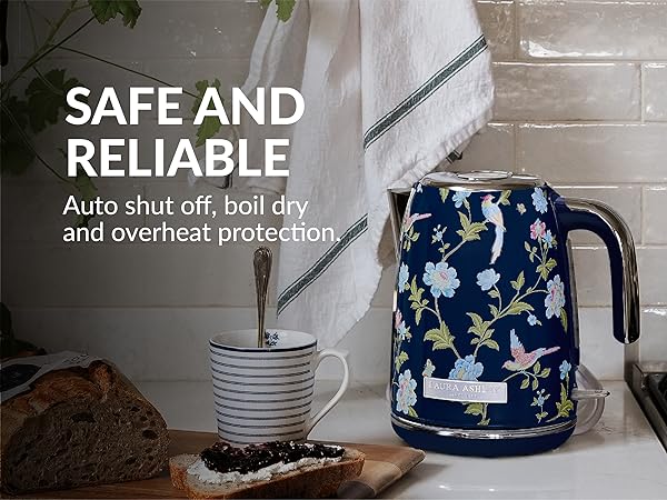 Text reads 'SAFE AND', 'RELIABLE', 'and overheat protection'. Series of images showing fabric with star pattern and appliance safety features.