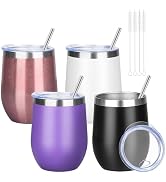 YEBTS Life 12oz/4 Pack Wine Tumbler Glasses with Lid Stemless Double Wall Vacuum Stainless Steel ...