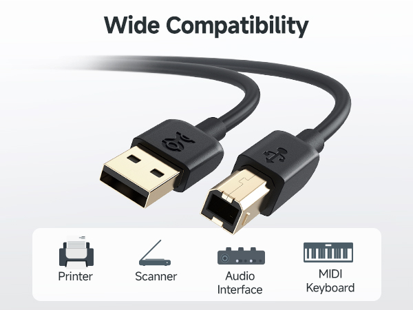 USB A to B 2.0 Cable for Printers, Scanners, and MIDI Devices