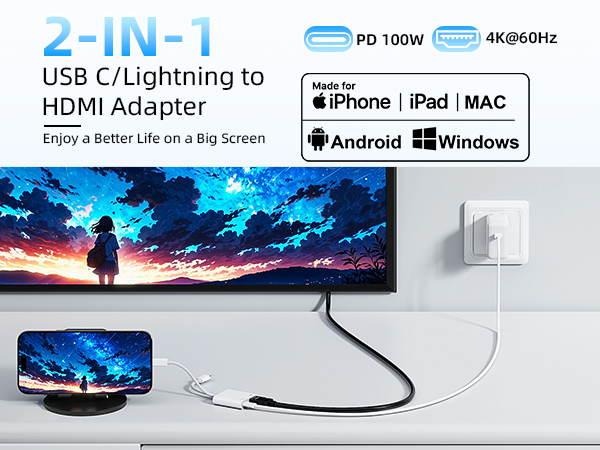 USB-C & Lightning to HDMI Adapter for iPhone