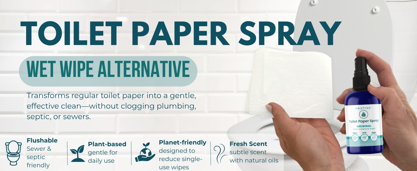 Bathroom background with person spraying Pristine toilet paper spray onto toilet paper