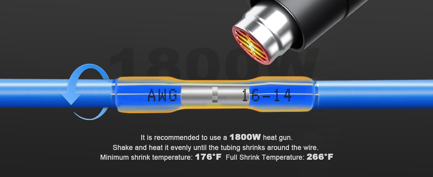 Use a heat gun to apply even heat wire connectors until the tubing fully shrinks around the wire.
