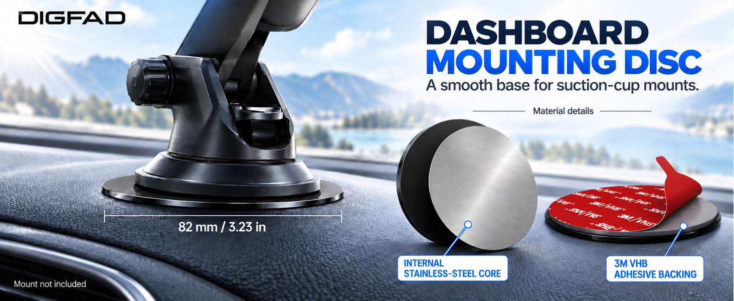 82 mm mounting disc with stainless steel core and 3M VHB backing. Mount not included.
