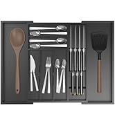 Thalomely Bamboo Kitchen Drawer Organizer, Expandable Utensil Organizer with Removable Knife Bloc...