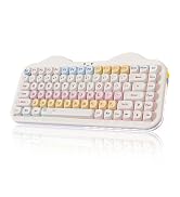Multiple views of a white mechanical keyboard with backlit keys, showing different angles and lighting effects. Features what appears to be yellow and pink keycap accents.