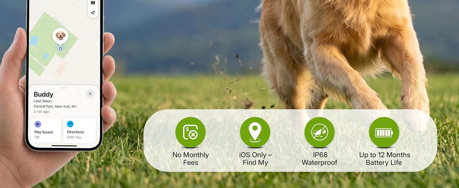 Find My app map with dog location no monthly fee IP68 rating up to 12 month battery iOS