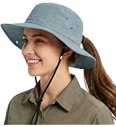 Womens Sun Hat with Hidden Ponytail Opening Wide Brim UPF50+ Waterproof Bucket Rain Hat with Remo...