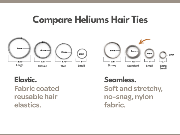 heliums hair tie size chart, elastic vs seamless bands, hair band thickness comparison