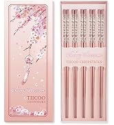Chopsticks Reusable 18/8 Stainless Steel Chopsticks Pink Sakura Laser Engraved Metal Chop sticks ...