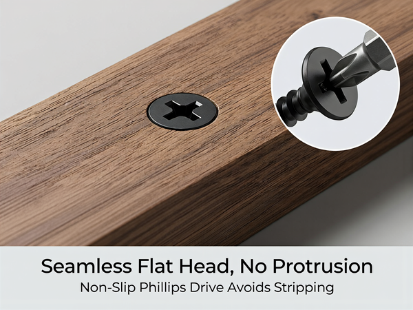 Flat head flush with wood surface, anti-strip Phillips drive design.