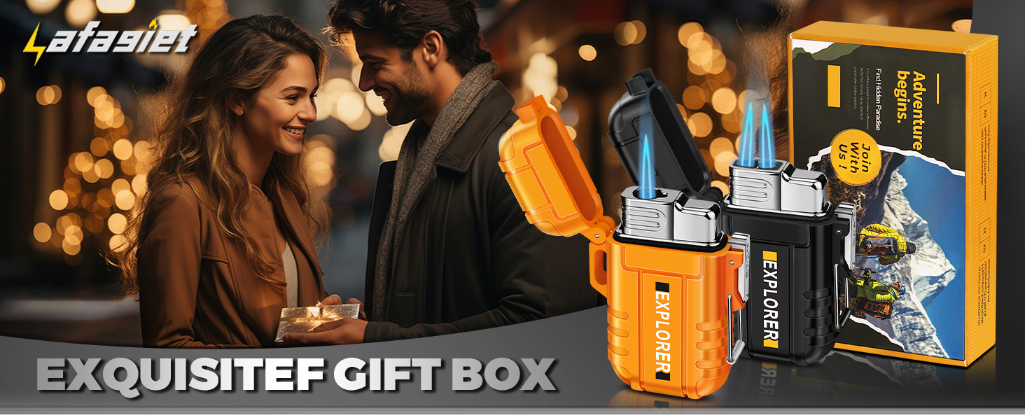 Gift box containing outdoor lighters. Package shows yellow and black lighters with a flame design. People in background holding drinks.