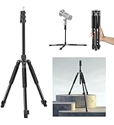 Collapsible black tripod with multiple views: fully extended, compact folded state, and supporting a small light. Shown on display platforms and held by a hand.