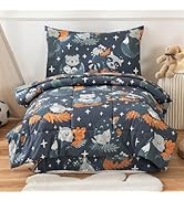JSD Navy Blue Forest Animals Toddler Bedding Set, 4 Piece Owl Toddler Comforter Sheet Set, Lightw...