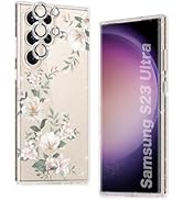 KIOMY Glitter Clear Case for Samsung Galaxy S23 Ultra with White Flowers Design + Diamond Sparkle...