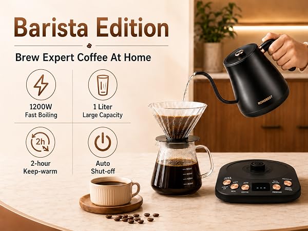 Side view of an electric gooseneck kettle, sleek design for professional coffee brewing