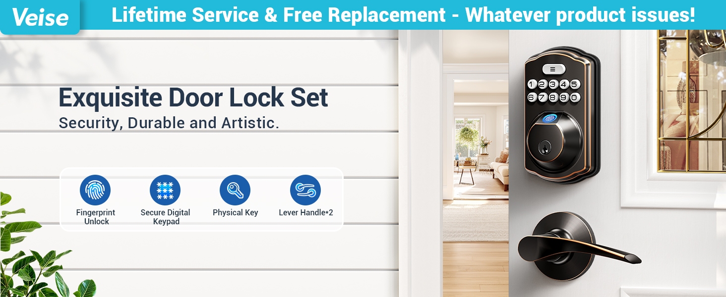 keyless entry door lock with 2 lever handles-20 fingerprints, 20 passcodes, 2 physical keys