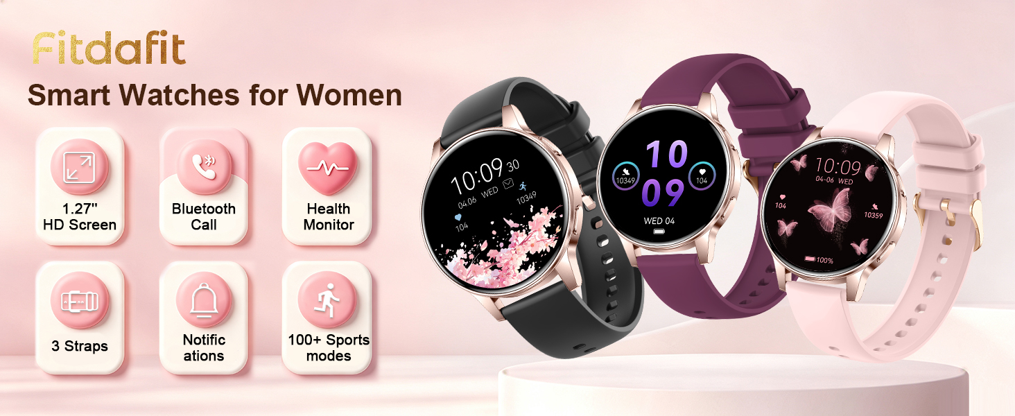 Text reads 'sidofit Smart Watches for Women' with feature icons and three smartwatch models in black, purple, and pink displayed on pink background with white charging cases.