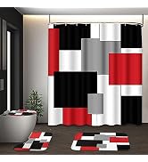 Tayney Red Geometric Shower Curtain Set with Toilet Lid Cover and Non-Slip Rugs for Bathroom, Bla...