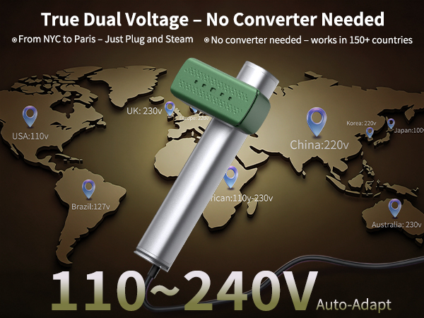 true dual voltage 110-240V green travel steamer for clothes europe, perfect for worldwide travel