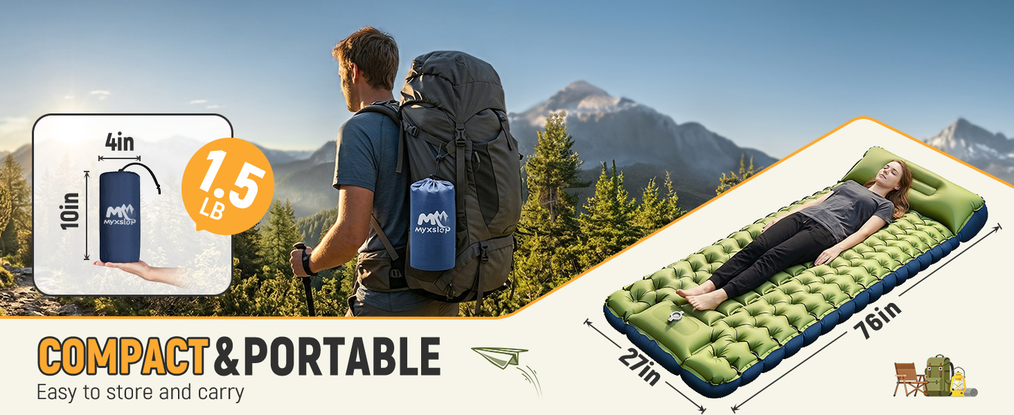 1.5lb ultralight camping sleeping pad, 10x4" pack size, backpacking gear, compact portable.