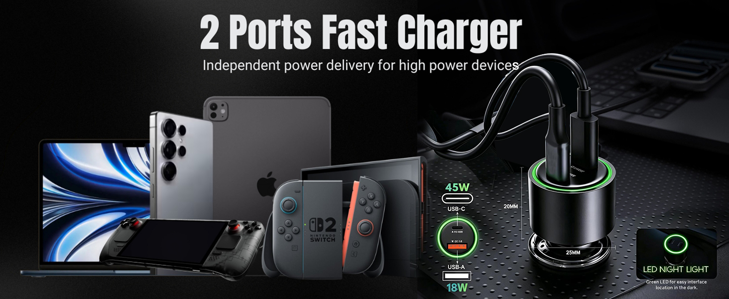 Dual Port Fast Car Charger and Cable