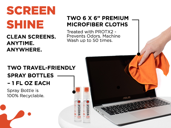 Hand wiping a laptop screen with a WHOOSH! microfiber cloth and 1 fl oz travel spray bottle.