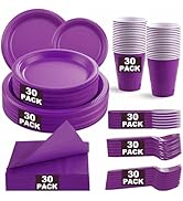 WELLIFE 210Pcs Purple Plastic Dinnerware Set, Party Supplies Including Party Plates and Cups and ...