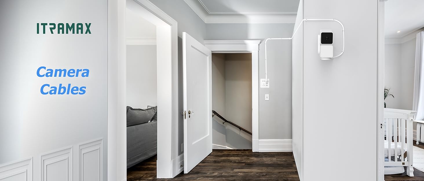 White indoor hallway with multiple doors. A small square device, possibly a security camera or sensor, is mounted on the right wall. Text visible: 'ITAMAX Camera Cables'.