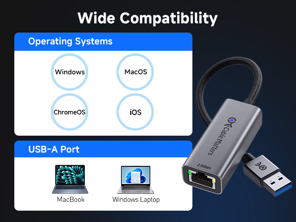 USB Ethernet adapter with Realtek RTL8156BG for Windows, macOS, Linux, and ChromeOS devices
