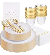 Festiva 176Pcs White and Gold Plastic Plates - White with Gold Rim Fall Dinnerware Set - 25Guest ...