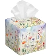 Watercolor Flower Tissue Box Cover Square,Colorful Flowers Tissue Box Holder Waterproof Leather F...