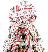 Christmas Tree Topper Wreath Bow Large Green Christmas Bow Tree Topper with Red Green Red Stripes...