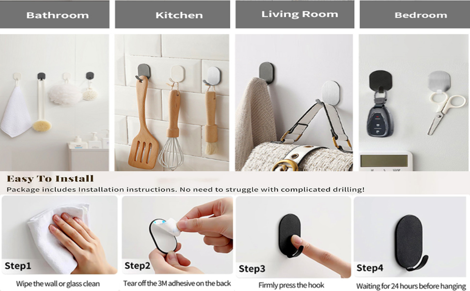 Adhesive Hooks,Towel/Coat Hooks Wall Hooks Stick on Bathroom or Kitchen