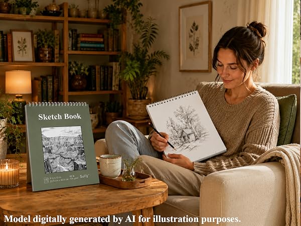 An adult artist draws a pencil landscape in a SuFly spiral sketchbook while relaxing at home.