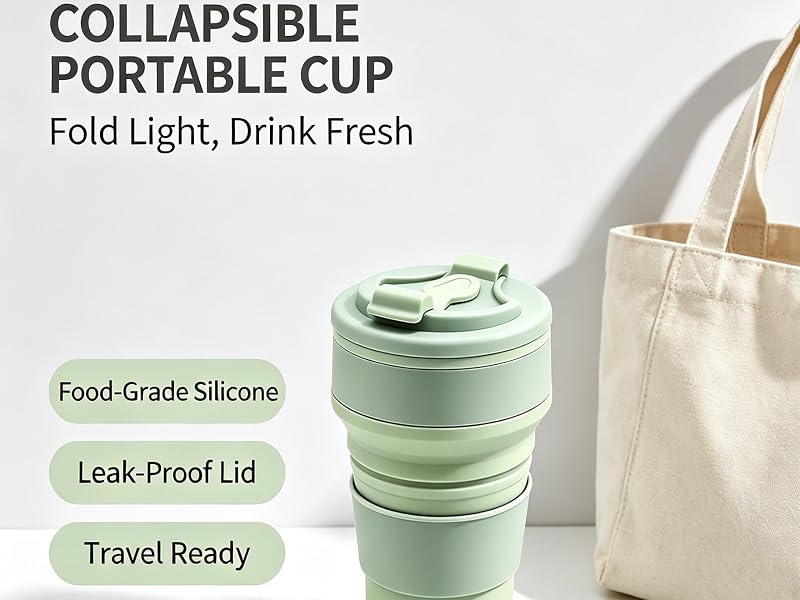 Light Green Collapsible Food-Grade Silicone Travel Cup with Leakproof Lid