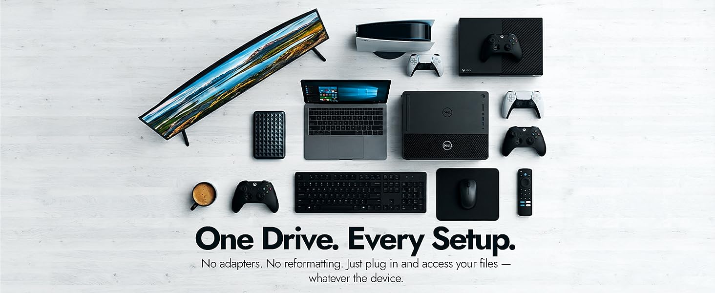 ModusTech Facet hard drive shown with laptop PC monitor PS5 Xbox keyboard mouse and Smart TV remote