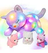 Hopearl LED Plush Cat Lighting Up Stuffed Mommy Cat with 3 Baby Kittens in her Tummy Stuffed Anim...