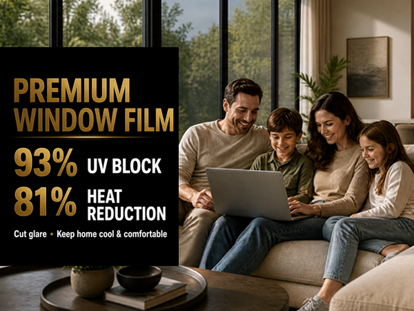 Sun blocking window film cuts high electric AC bills for hot sunny living room glass.