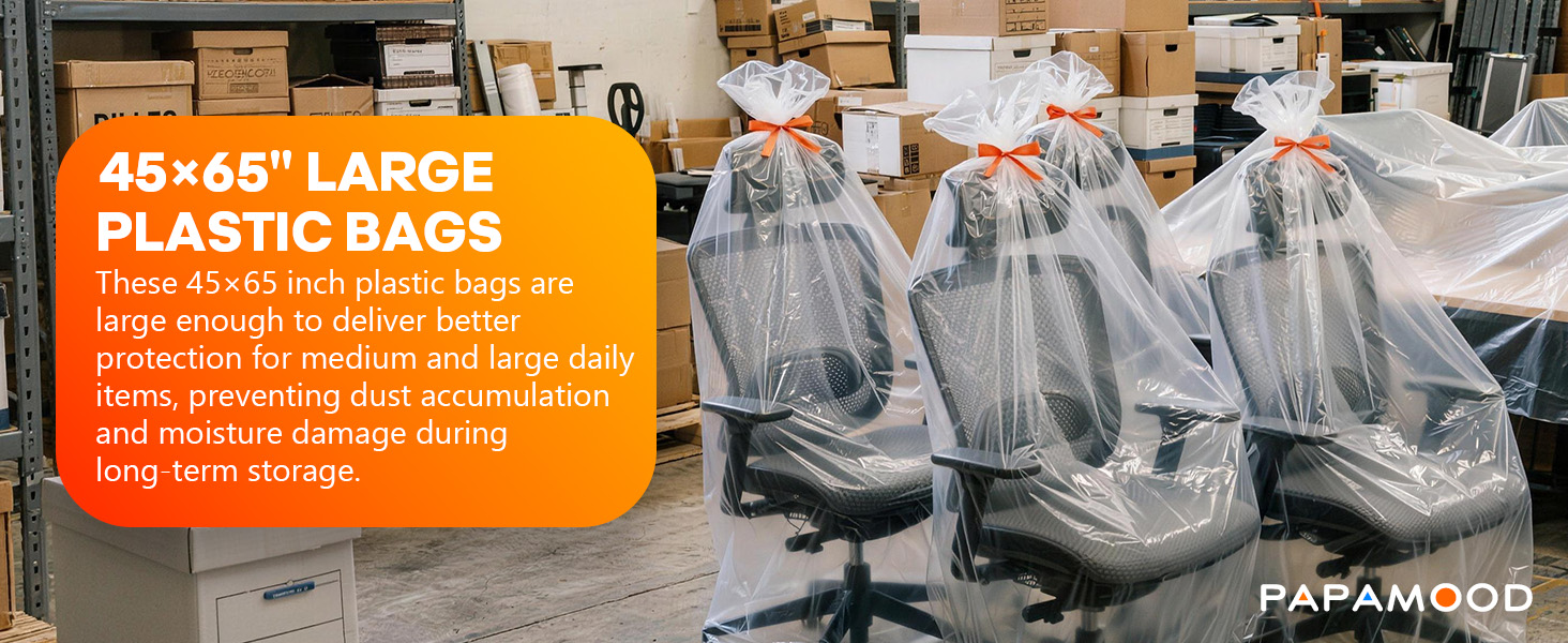 Extra large clear plastic bags for packing heavy duty clothes and furniture.