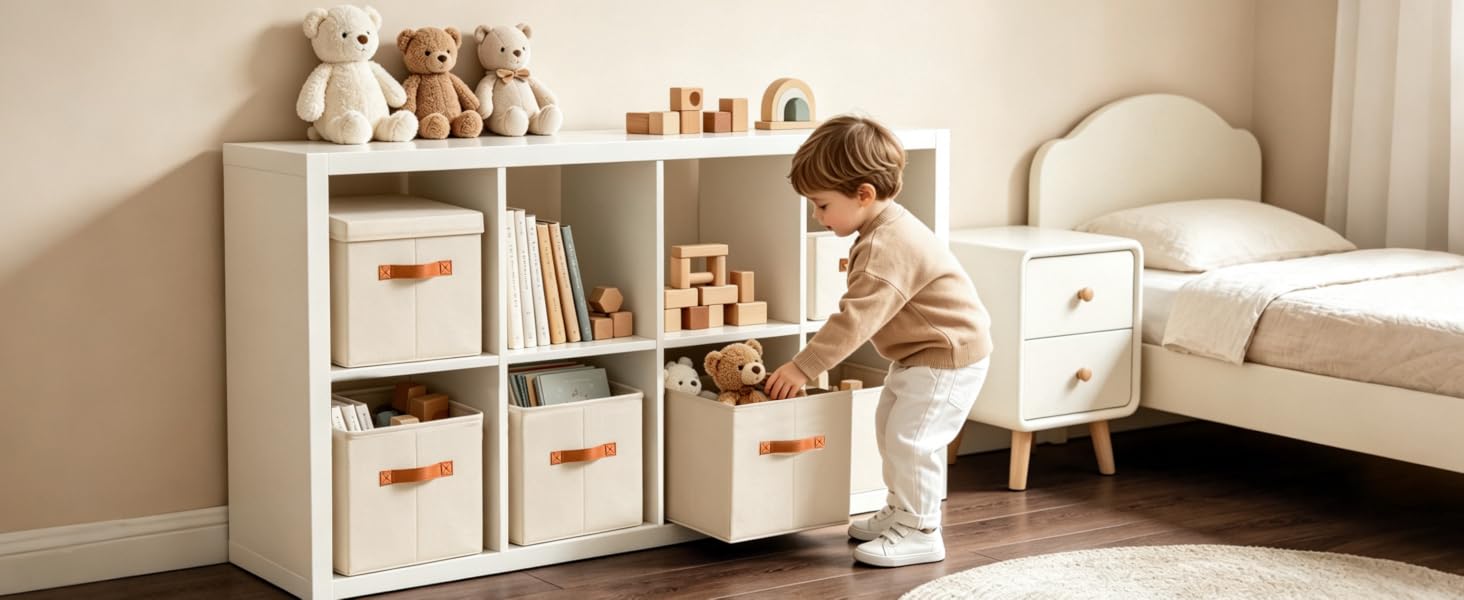 Beige wooden storage unit with multiple compartments and baskets in a light bedroom setting. White bed and ceiling fan visible in background.