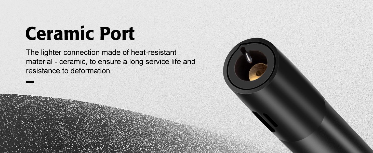 Close-up of a black cylindrical device with a ceramic port, highlighting its heat-resistant and durable properties.
