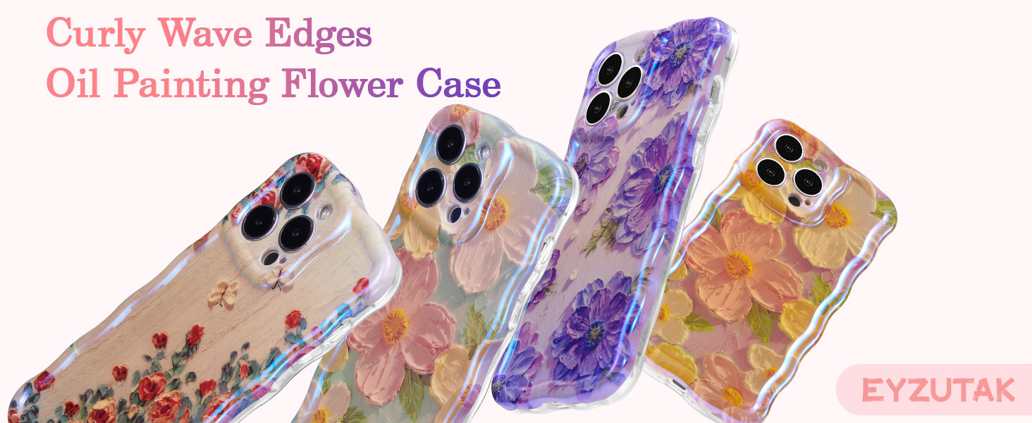 Four smartphone cases with floral oil painting designs. Cases feature curvy wave edges and various flower patterns in different color schemes.