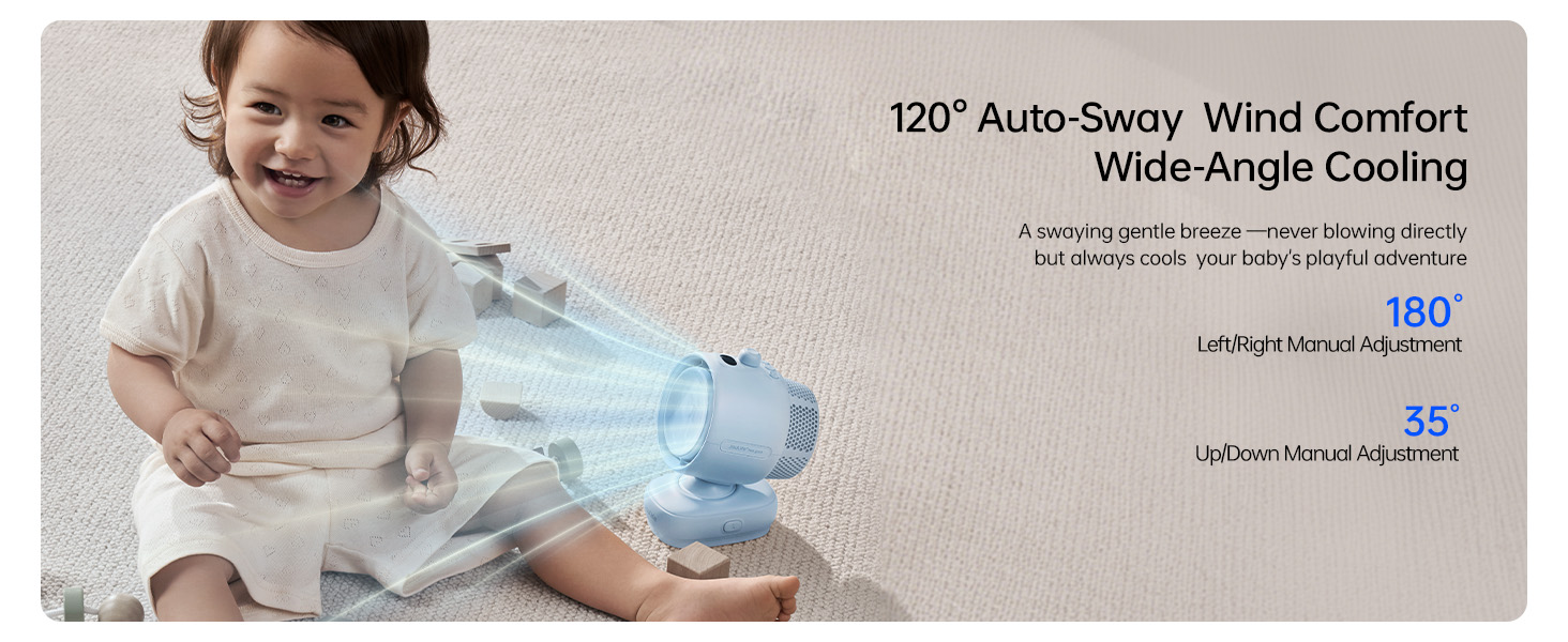 Text reads '120° Auto-Sway, Wind Comfort, Wide-Angle Cooling' and '180°' and '55'. Child in white shirt holding blue fan product demonstrating wide cooling angle and auto-sway wind comfort feature.