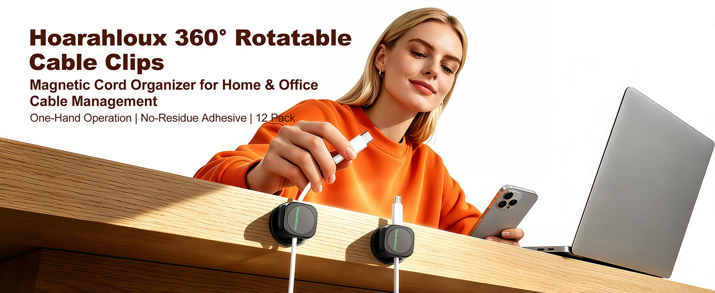 360° rotatable magnetic cable clips, adhesive cord organizer for desk home office cable management