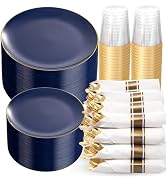 KIRE 350Pcs Blue and Gold Plates -Heavy Duty Navy Blue Dinnerware Set - 100 Plastic Plates 50 Pre...
