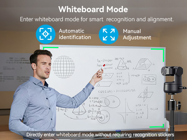 Whiteboard mode auto-detects boards with manual adjustment—no stickers needed