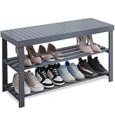 SMIBUY Bamboo Shoe Rack Bench, 3-Tier Shoe Organizer Storage Shelf for Entryway Hallway Bathroom ...