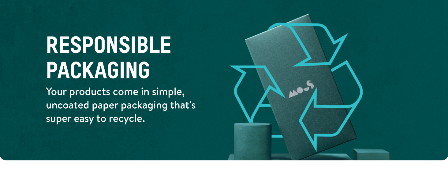 Text reads 'RESPONSIBLE PACKAGING' with recycling symbols on dark green background. Environmental responsibility messaging about recyclable packaging.