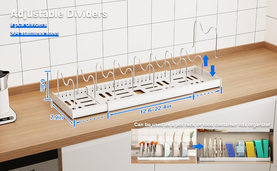 pot and pan organizer with 9 adjustable dividers