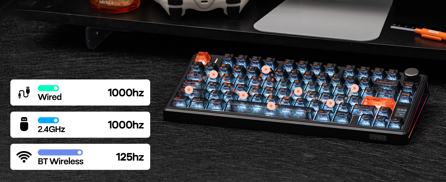 Close-up views of what appears to be computer keyboard keys or buttons with blue illumination or backlighting against a dark background.
